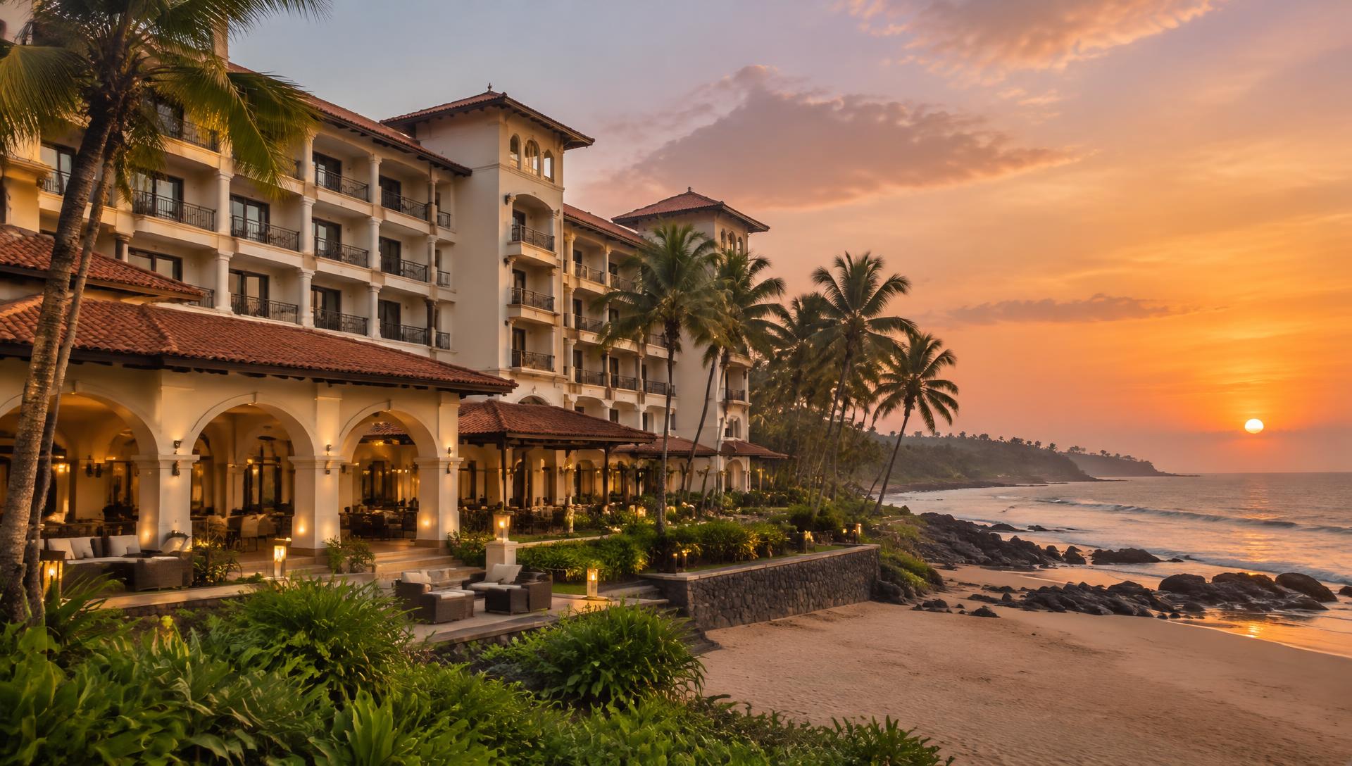 Beachfront view of Hotel Sonar Bangla in Puri at sunset
